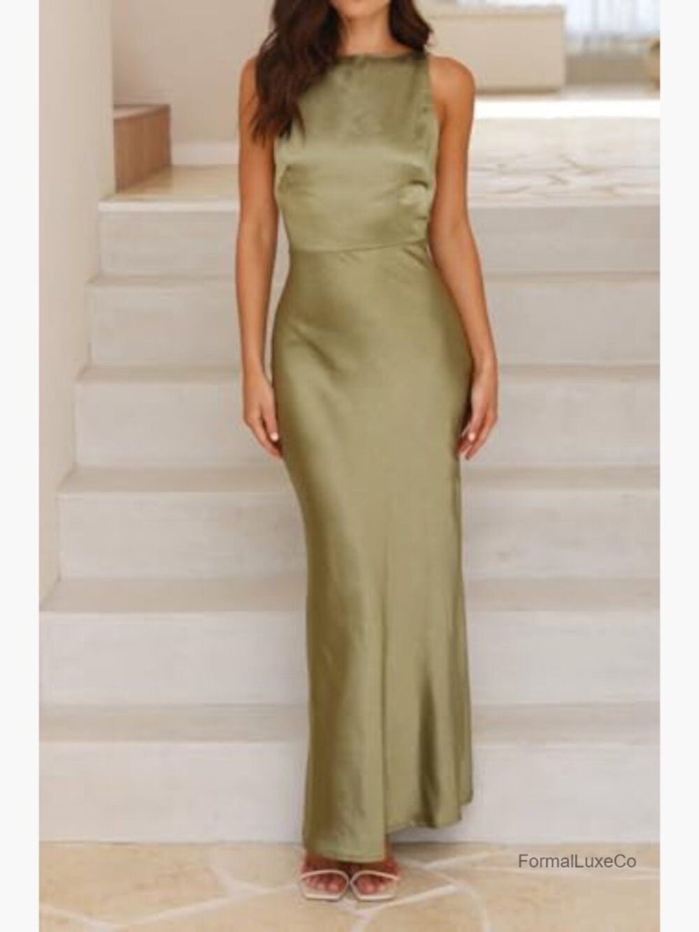 Elegant Satin Formal Maxi Dress Sleeveless Open Back Spaghetti Strap Wedding - Picture 5 of 6